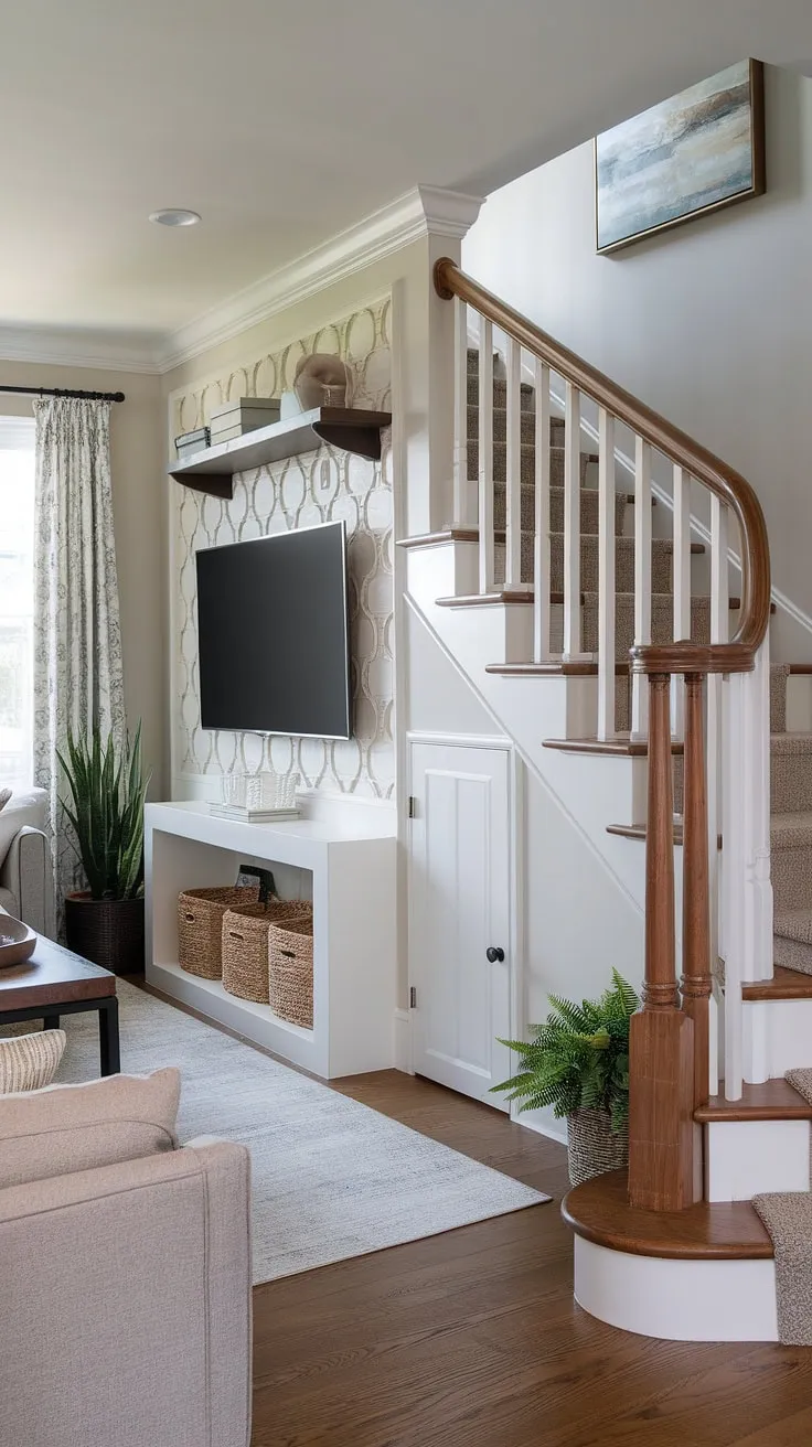 Maximize space and style with this clever living room design.  The living room TV wall anchors the room, while the under stairs storage provides ingenious small living room storage solutions.  Note the thoughtful below stairs ideas and staircase design, showcasing practical stairwell design and creative stair shelf ideas.