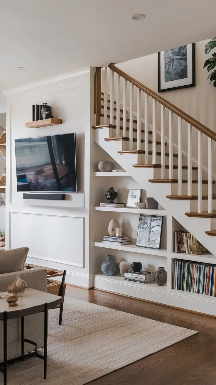This stunning stairwell design showcases ingenious small living room storage solutions.  The under stairs storage, complete with a charming stair shelf, cleverly utilizes often-wasted space.  The living room TV wall adds a modern touch, complementing the beautiful staircase design and overall functionality.  These below stairs ideas are perfect for maximizing space and showcasing your personal style.