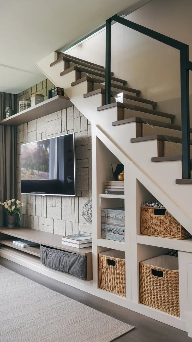 Maximize space and style in this small living room.  The cleverly designed living room TV wall, complete with a shelf, seamlessly integrates with the under stairs storage, offering ingenious below stairs ideas.  The modern staircase design and glass railing add a touch of elegance, while the stairwell design and stair storage solutions provide ample small living room storage.  Clever stair shelf ideas make the most of every inch.