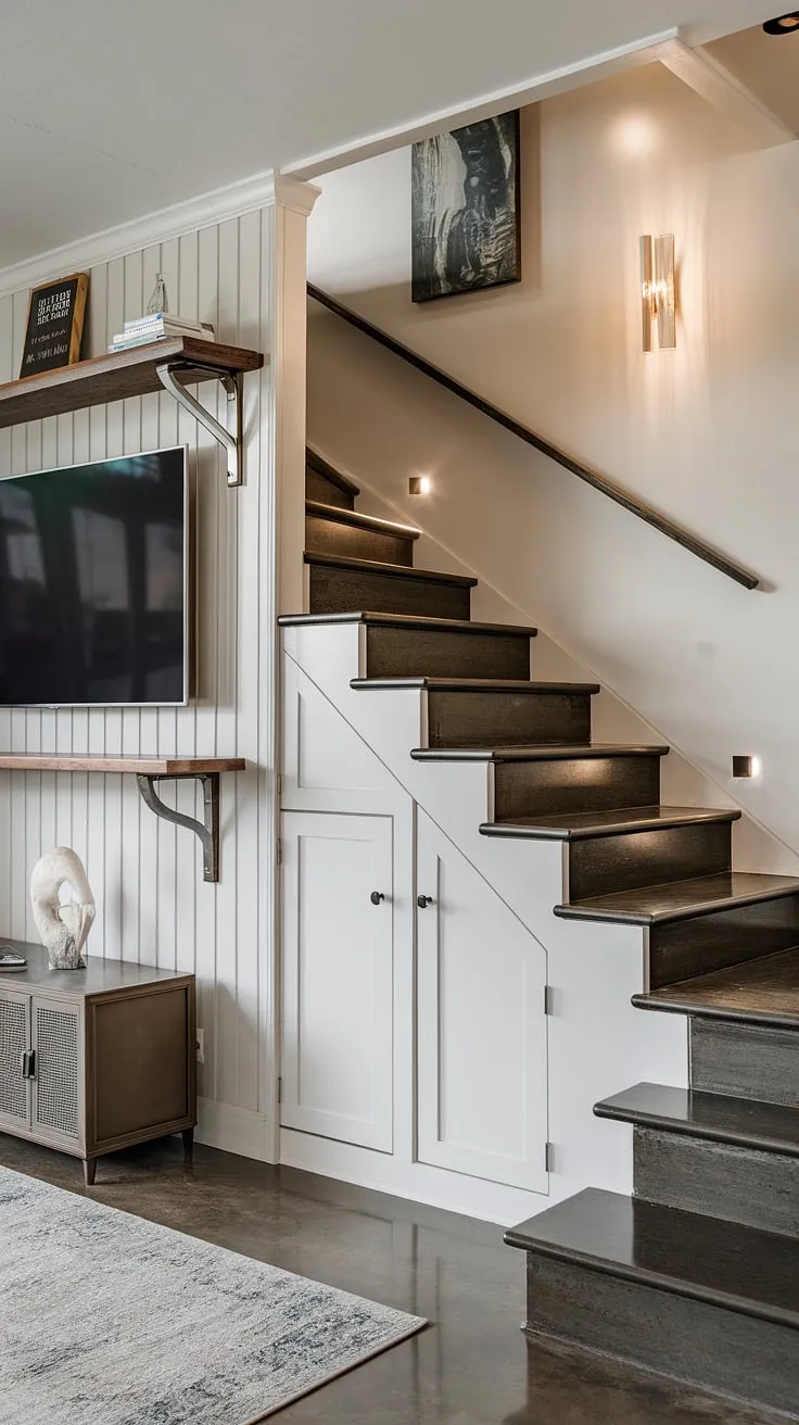 This stunning home showcases ingenious stair storage solutions, transforming unused under stairs storage into a functional and stylish feature.  The living room TV wall anchors the space, complemented by the sophisticated staircase design and well-lit stairwell design.  Clever below stairs ideas and small living room storage options maximize every inch, creating a harmonious blend of form and function.  Note the thoughtful stair shelf ideas.