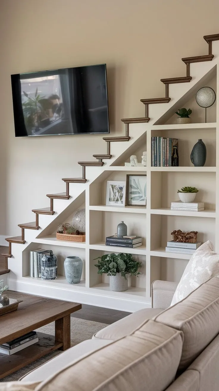 Maximize space and style with this clever under stairs storage solution.  The rustic wood shelves offer the perfect blend of functionality and charm, transforming unused space below the stairs into a beautiful display area, complementing the living room TV wall and beige sofa. This stairwell design showcases ingenious below stairs ideas for small living room storage, proving that even compact spaces can be both stylish and practical.  Stair shelf ideas don't get much better than this!