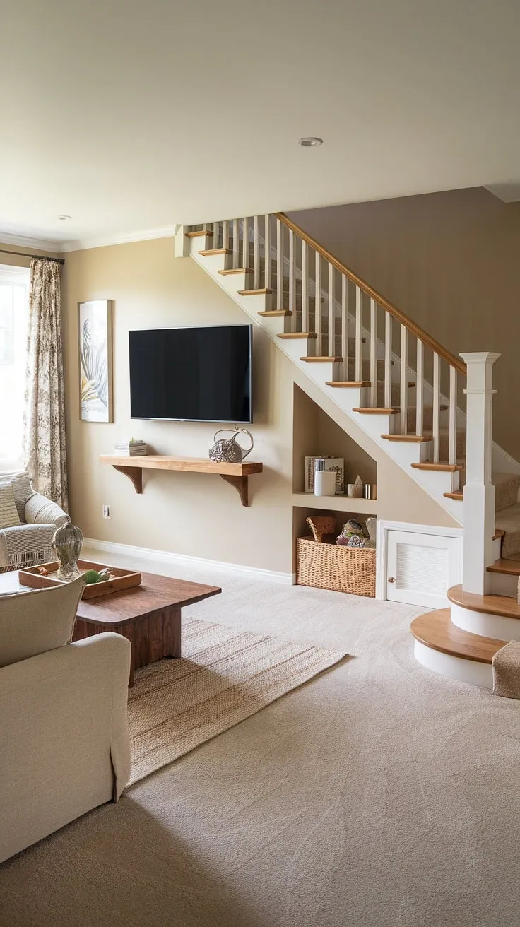 Maximize space and style in this small living room!  The living room TV wall anchors the room, while clever under stairs storage and below stairs ideas, including custom stair shelf ideas, provide ample small living room storage.  The staircase design and stairwell design add architectural interest, showcasing practical stair storage solutions.