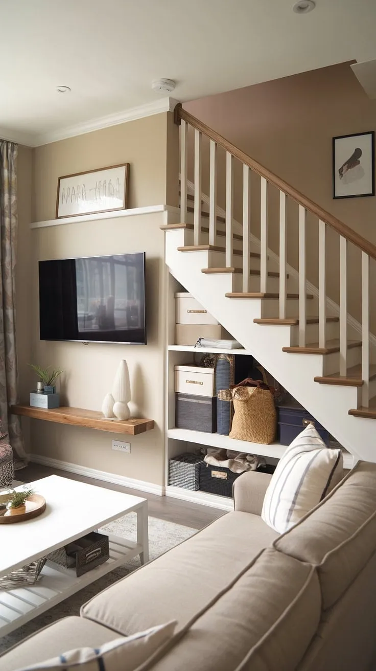 Maximizing space in this small living room with clever storage solutions!  The living room TV wall anchors the room, while the under stairs storage and ingenious below stairs ideas, including a built-in stair shelf, provide ample space.  This staircase design and stairwell design are not just beautiful, but functional, showcasing smart stair storage solutions.