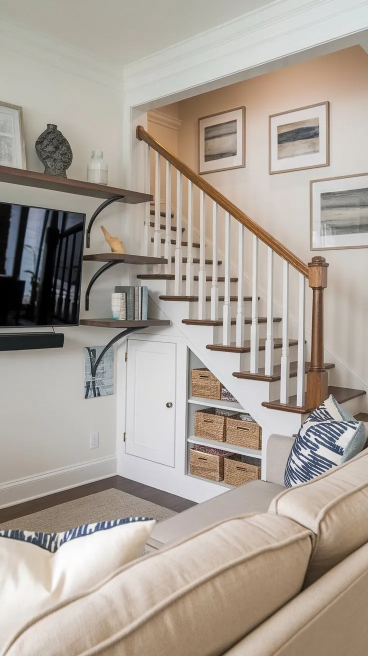 This stunning stairwell design seamlessly integrates under stairs storage, offering brilliant below stairs ideas for a small living room.  The living room TV wall is a focal point, complemented by the thoughtful stair shelf ideas and staircase design.  These stair storage solutions maximize space and create a stylish, functional home.