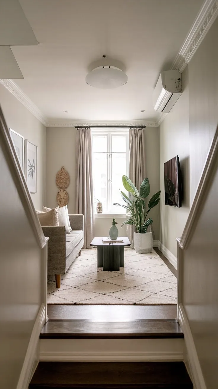 Transforming a challenging under-stairs space into a serene Japandi movie room.  This narrow media room showcases smart small tv room layout solutions, proving that a snug tv room can be both stylish and functional.  Explore these small tv room ideas layout and media lounge room ideas for inspiration in your own small tv room design ideas.