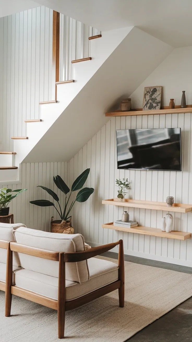 Maximize your space with this cozy Japandi movie room tucked under the stairs.  Clever design transforms a narrow media room into a snug tv room, perfect for movie nights. This small tv room layout showcases smart small tv room design ideas and offers inspiration for tv lounge ideas in small spaces and narrow tv room ideas.