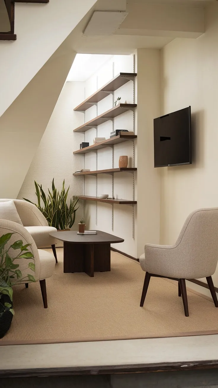 This snug tv room, tucked cleverly under the stairs, proves that even small spaces can be stunning.  Our japandi movie room design features a thoughtful small tv room layout, incorporating smart narrow tv room ideas and media lounge room ideas.  The beige palette and dark wood accents create a serene atmosphere, making it the perfect spot for relaxation.  Explore these small tv room ideas layout for your own inspiring transformation.
