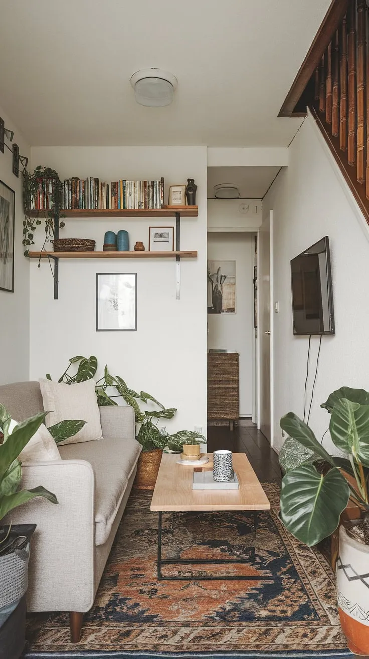Maximize your space with this Japandi-inspired living room under stairs.  Clever design transforms a narrow media room into a cozy snug tv room, perfect for movie nights.  These small tv room ideas layout showcase how to create a functional and stylish media lounge room, even in small spaces.  The small tv room design ideas are ideal for narrow tv room ideas and offer inspiration for tv lounge ideas small spaces.