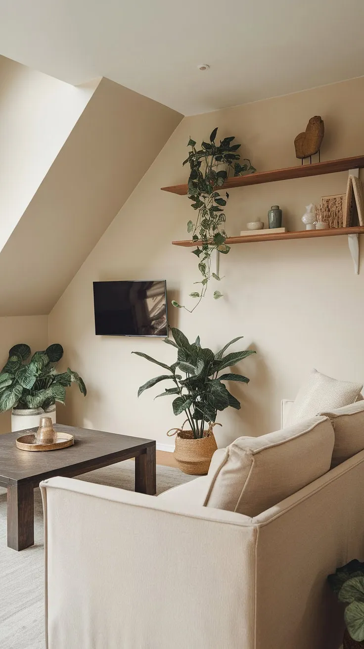 Transforming a forgotten space into a haven of calm: This Japandi-inspired living room under stairs proves that even narrow media rooms can be stylish and functional.  Clever small tv room layout maximizes comfort and minimizes clutter, offering perfect snug tv room ideas and small tv room design ideas for movie nights.  These tv lounge ideas for small spaces showcase how a narrow tv room can become a cozy japandi movie room.