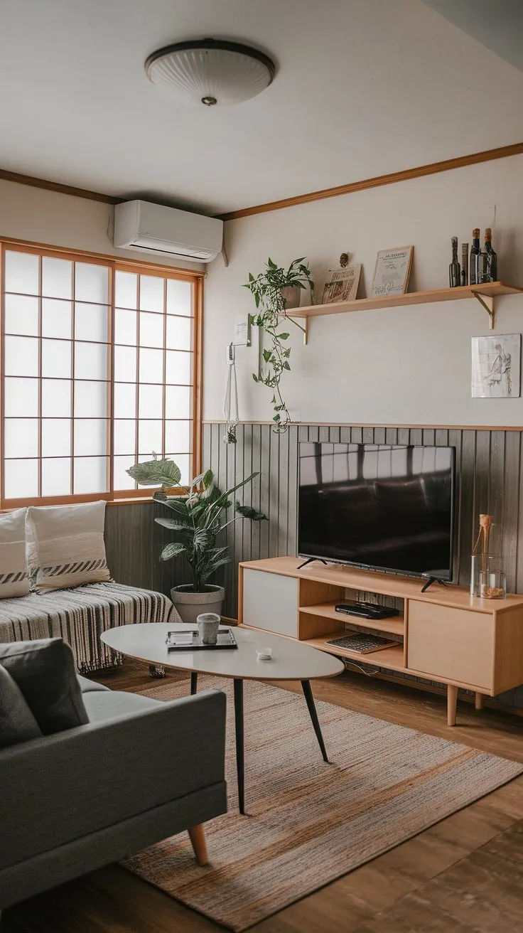 Transforming a small space into a serene media lounge room is easy with these small tv room design ideas. This living room under stairs boasts a stunning japandi aesthetic, showcasing a functional small tv room ideas layout.  Perfect for snug tv room ideas and narrow media room solutions, this design proves that even limited space can accommodate a comfortable and stylish tv lounge.