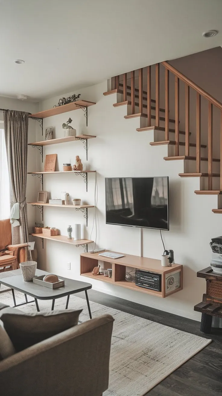 This small tv room design ideas proves that a snug tv room can be both stylish and functional.  Discover how this small tv room layout utilizes the space under the stairs to create a captivating Japandi movie room.  Perfect for those seeking narrow media room solutions or tv lounge ideas for small spaces, this design offers inspiration for your own small tv room ideas.