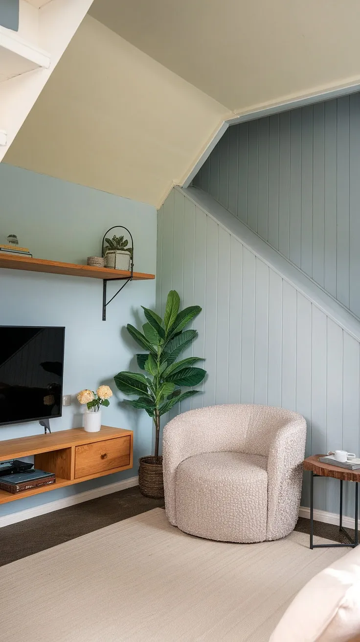 Maximize your space with this Japandi-inspired living room under stairs.  Clever design transforms a narrow media room into a cozy snug tv room, perfect for movie nights.  These small tv room ideas layout showcase how to create a functional and stylish media lounge room, even in small spaces.  Note the thoughtful small tv room design ideas and the efficient small tv room layout.