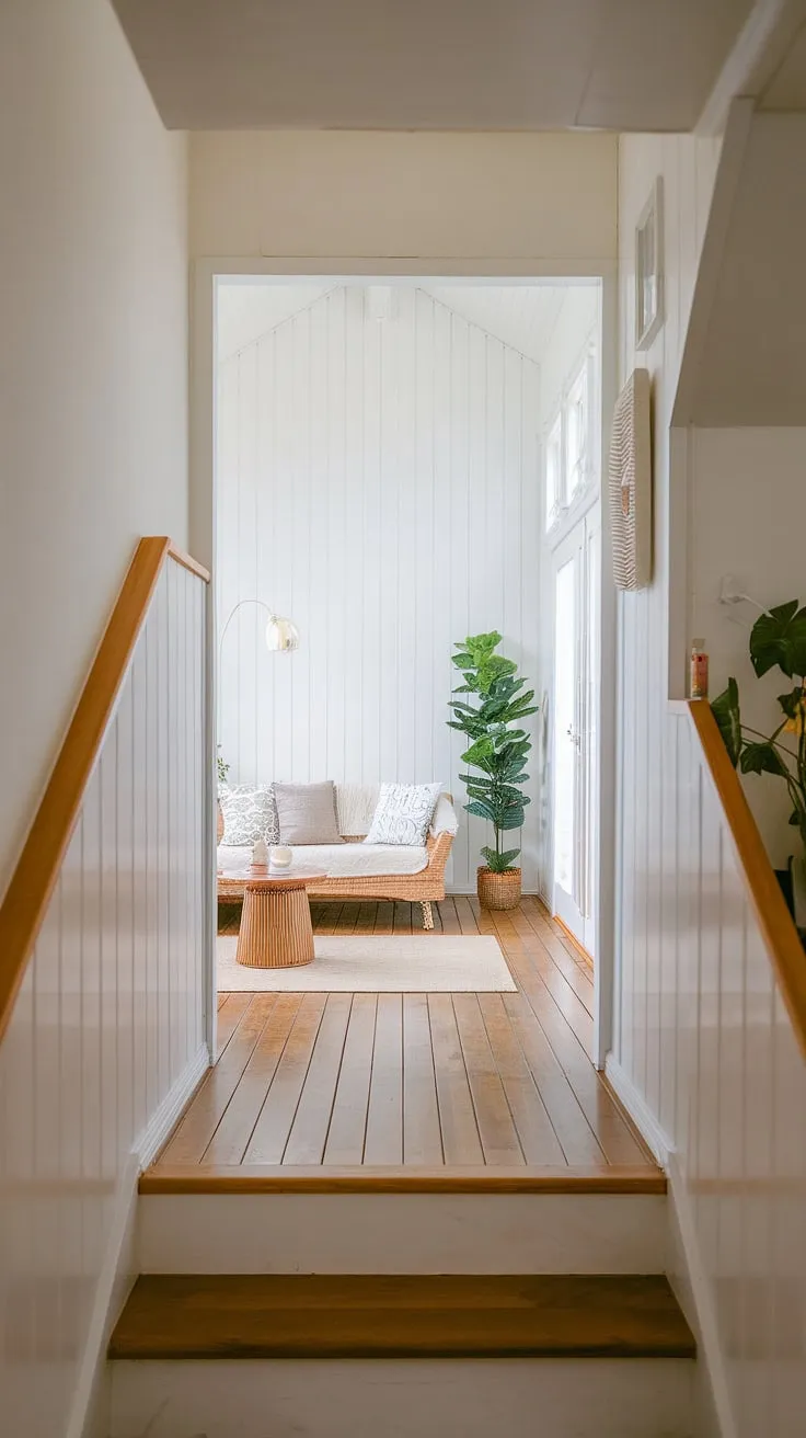 Maximize your space with this Japandi-inspired living room under stairs.  Clever design transforms a narrow space into a cozy and functional media lounge room, perfect for movie nights.  These small tv room ideas layout showcase how to create a snug tv room, even in a narrow media room.  Explore these small tv room design ideas and tv lounge ideas for small spaces to achieve the perfect balance of style and functionality.