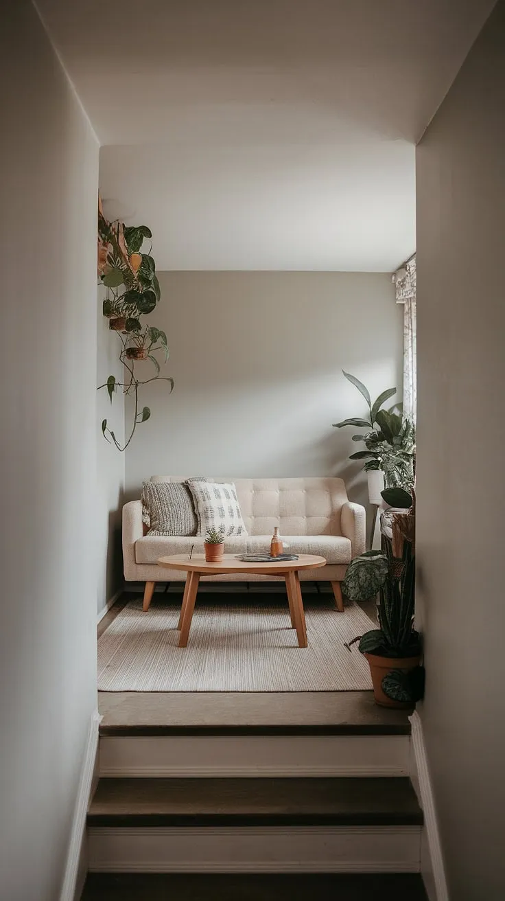 Cozy and serene, this Japandi-inspired living room under stairs proves that even narrow spaces can be transformed into a stunning media lounge.  Clever small tv room layout maximizes comfort and style, offering perfect snug tv room ideas for movie nights. This small tv room design ideas showcases how to create a functional and beautiful narrow media room, perfect for those seeking tv lounge ideas for small spaces.