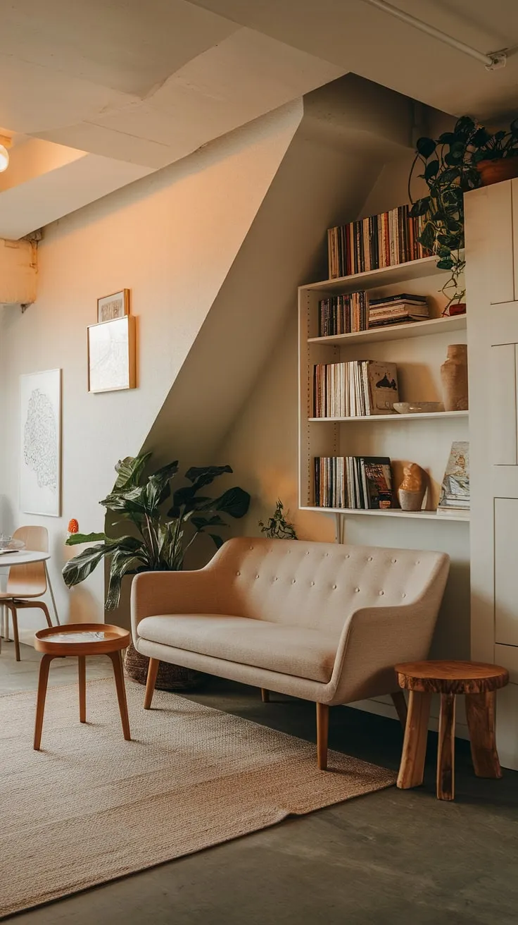 Cozy and functional, this Japandi-inspired living room under stairs proves that small spaces can be big on style.  Perfect for snug tv room ideas, this narrow media room showcases clever small tv room layout and design ideas, ideal for tv lounge ideas in small spaces and narrow tv room ideas.  The minimalist aesthetic creates a calming media lounge room design.