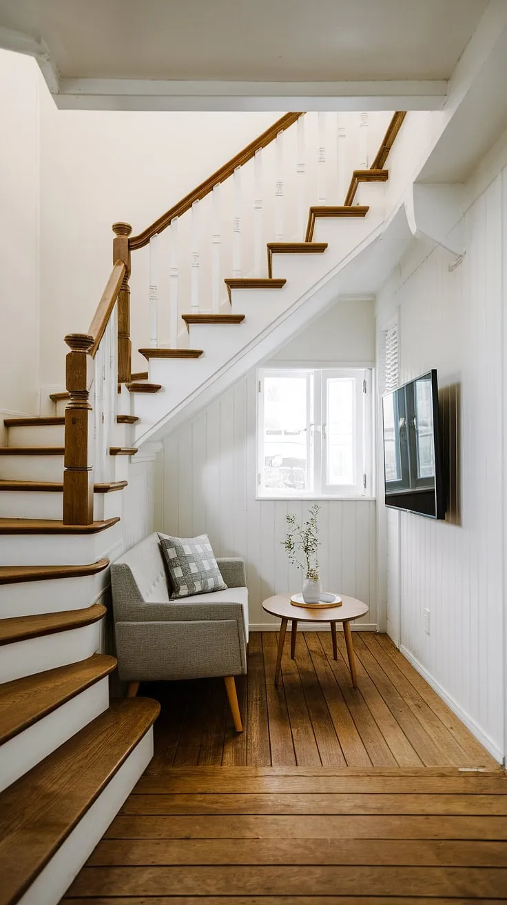 Maximize space and style in this Japandi-inspired living room under stairs.  Clever design transforms a narrow area into a cozy media lounge, perfect for movie nights. This small tv room layout showcases ingenious small tv room design ideas and offers inspiration for narrow tv room ideas and snug tv room ideas, proving that even small spaces can boast impressive tv lounge ideas for small spaces and a functional narrow media room.