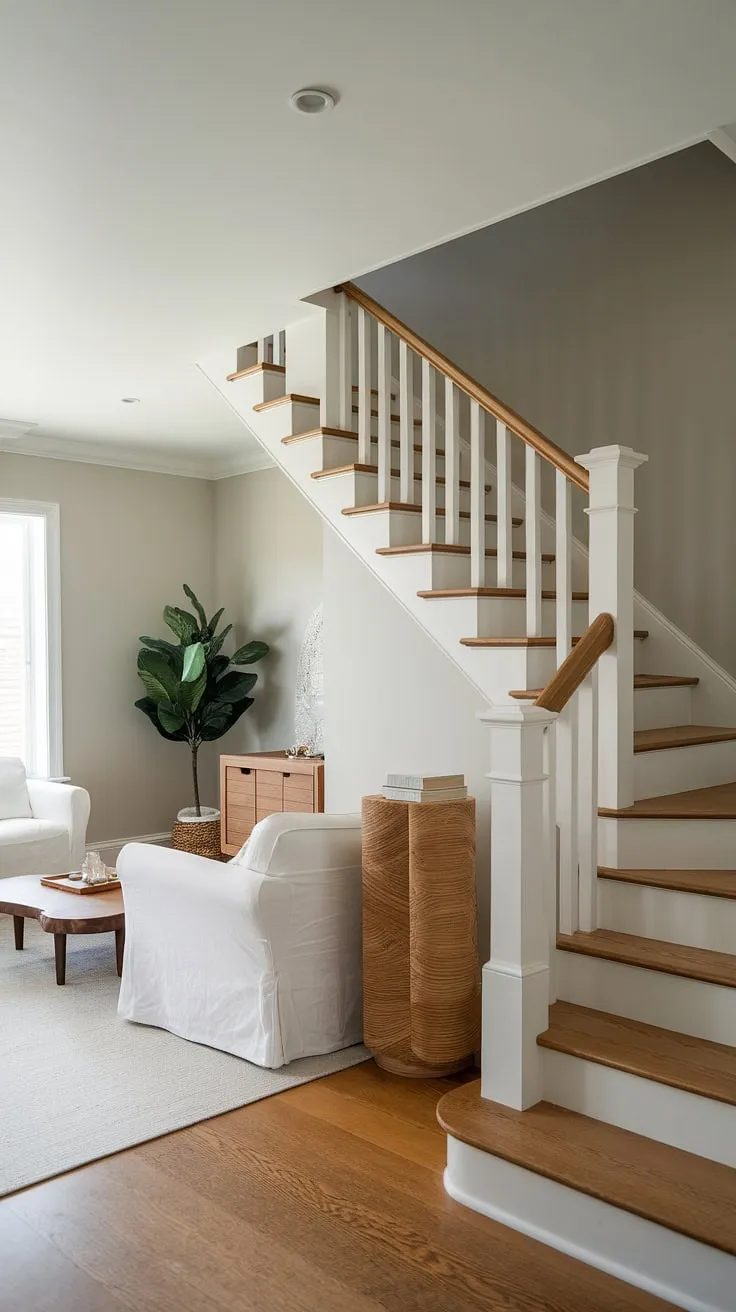 Maximize your space with this Japandi-inspired living room under stairs.  Clever design transforms a narrow media room into a cozy snug tv room, perfect for movie nights.  These small tv room ideas layout showcase how to create a functional and stylish media lounge room, even in small spaces.  The small tv room design ideas are ideal for narrow tv room ideas and tv lounge ideas small spaces.