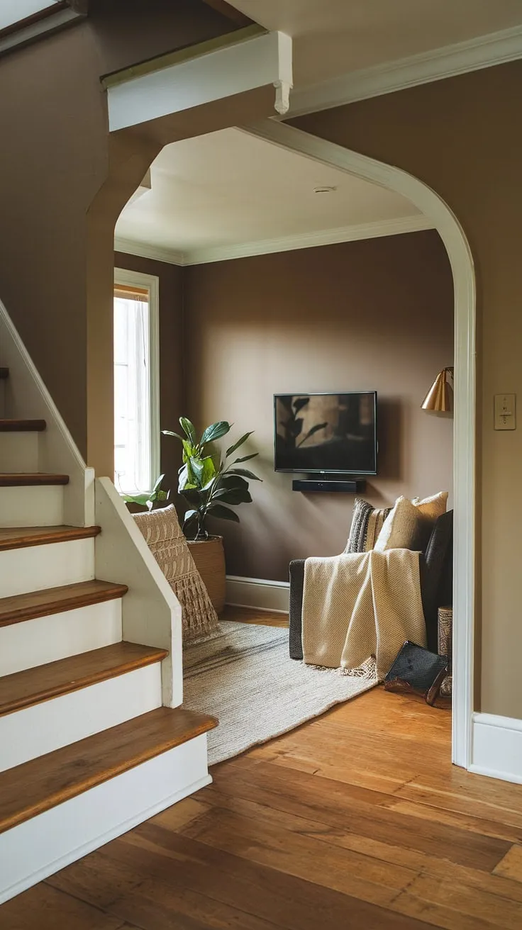 Maximize your home's potential with this stunning Japandi movie room, a perfect example of small tv room ideas layout.  This living room under stairs showcases how to create a cozy media lounge room ideas, even in a narrow media room.  Discover more inspiration for snug tv room ideas and small tv room design ideas in this beautifully designed space.