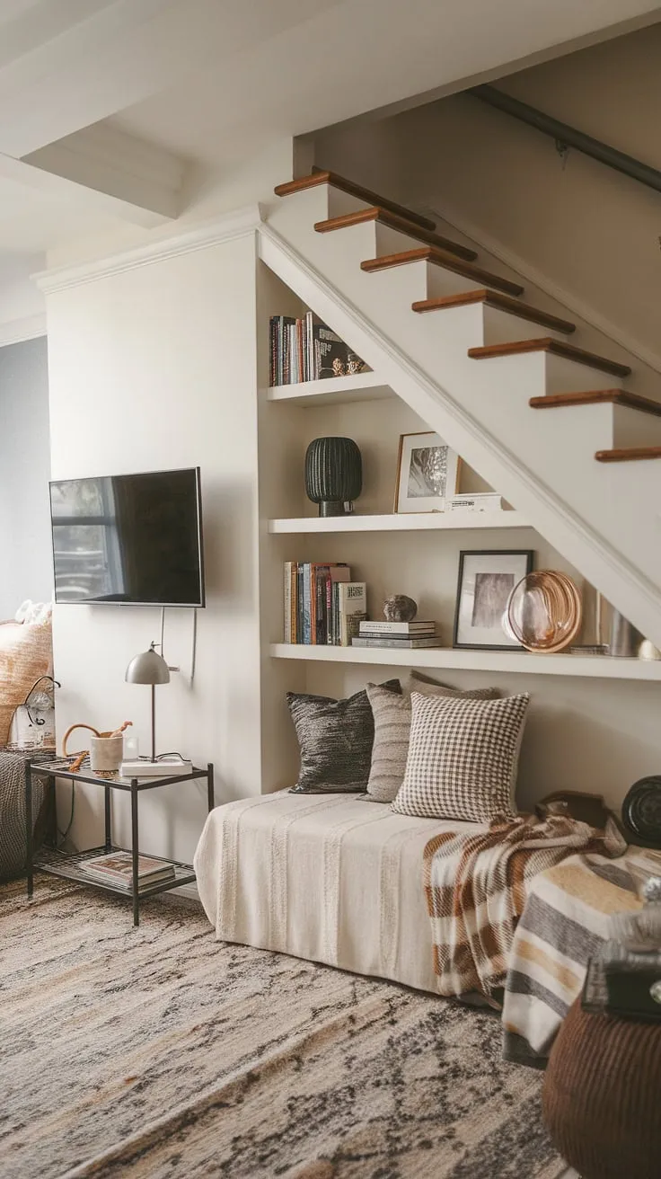 Maximize your space with these narrow media room and tv lounge ideas for small spaces. This living room under stairs has been cleverly converted into a Japandi movie room, offering a perfect blend of style and functionality.  Discover inspiring small tv room ideas layout and small tv room design ideas for your own snug tv room.