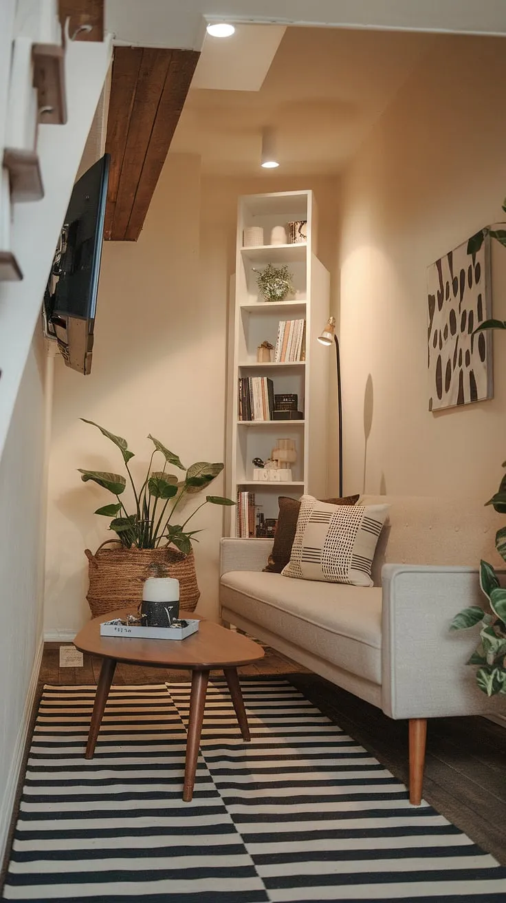 Transforming a narrow space into a haven of calm: this living room under stairs boasts a stunning Japandi movie room aesthetic.  Small tv room ideas layout are expertly implemented, creating a functional and stylish snug tv room.  Discover inspiring narrow media room ideas and small tv room design ideas for your own home.  This is the epitome of tv lounge ideas for small spaces.