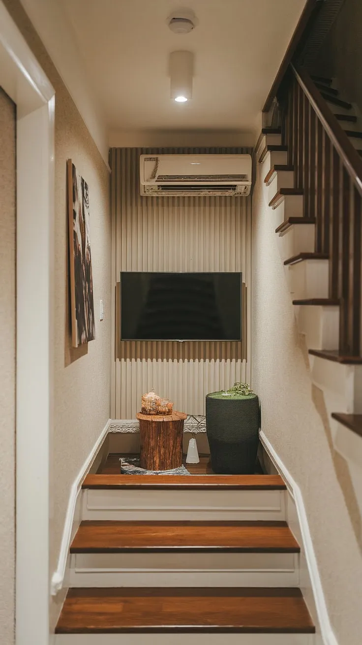 Transforming unused under-stair space into a cozy Japandi movie haven. This snug tv room, perfect for small spaces, showcases clever design for narrow media rooms, offering inspiring small tv room layout ideas and small tv room design ideas.  The result? A functional and stylish media lounge room, proving that even the smallest areas can become captivating tv lounge ideas for small spaces.