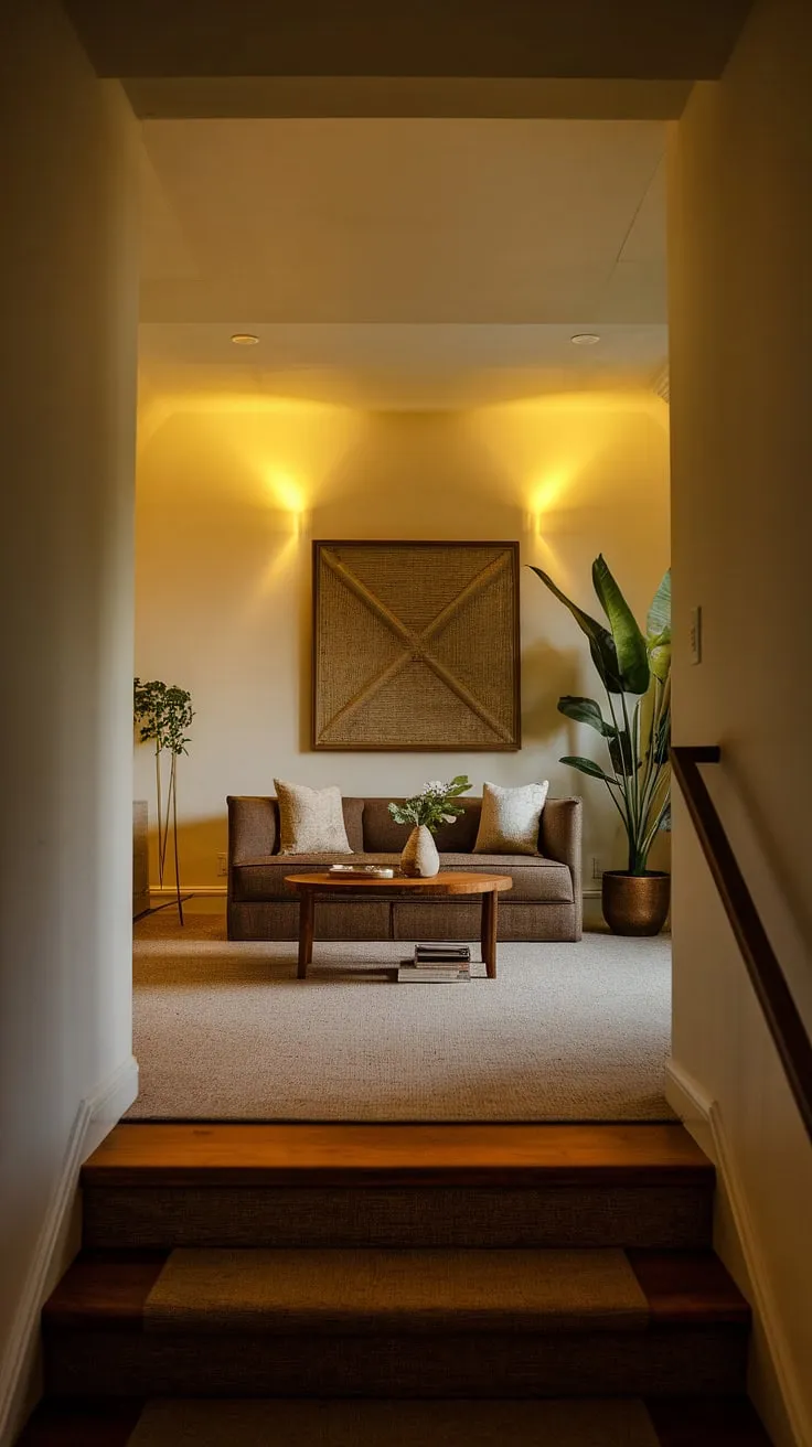 Cozy and functional, this small tv room design proves that big style comes in small packages.  Discover inspiring small tv room ideas layout and tv lounge ideas for small spaces within this living room under stairs.  The result? A stunning, minimalist japandi movie room and a perfect example of snug tv room ideas for a narrow tv room.