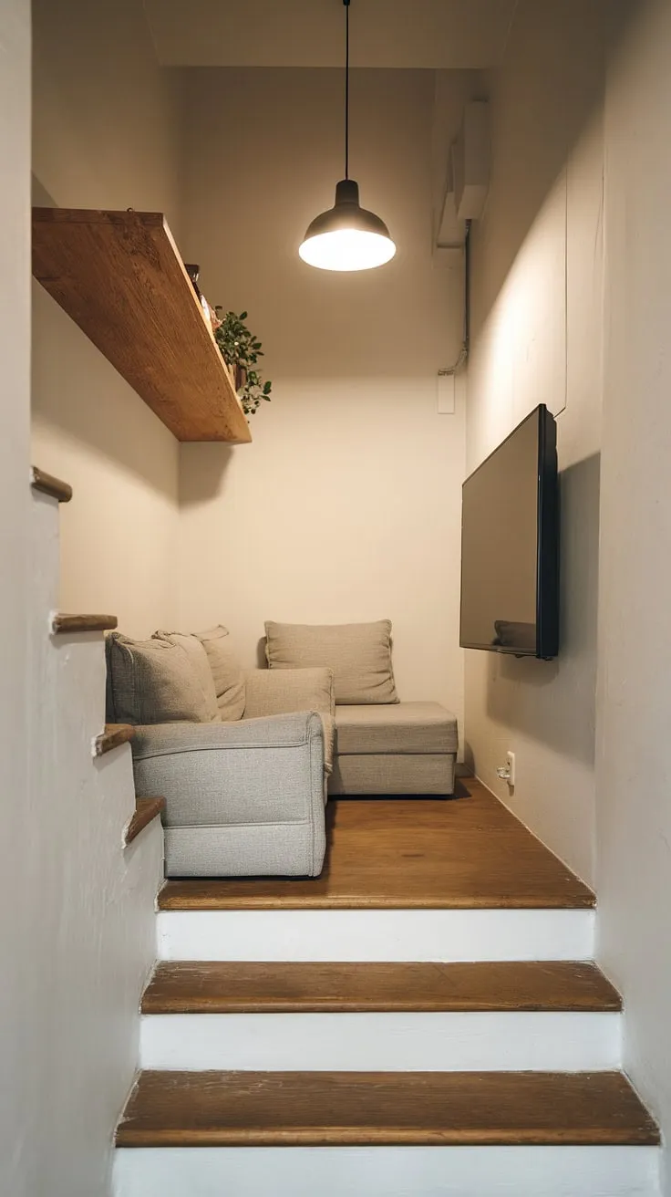 Transform a forgotten corner into a haven! This Japandi movie room, tucked neatly under the stairs, is a masterclass in small space living.  See how this snug tv room design utilizes every inch, offering inspiring narrow media room and small tv room layout ideas.  Perfect for those seeking tv lounge ideas for small spaces, this narrow tv room showcases the beauty of minimalist design and provides ample ideas for your own small tv room design ideas.