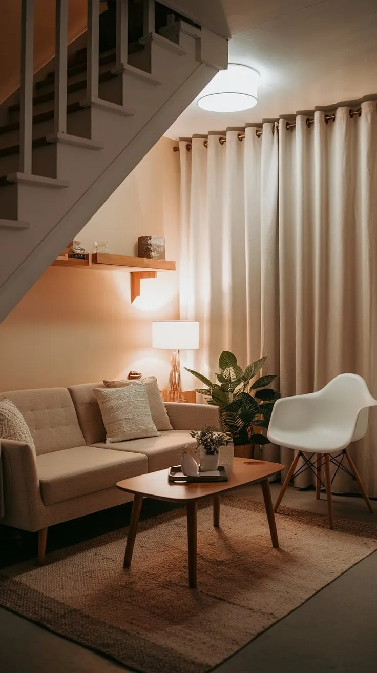 Cozy and functional, this living room under stairs proves that small spaces can be big on style.  Clever design maximizes comfort and creates the perfect snug tv room, showcasing brilliant small tv room ideas layout for a Japandi movie room aesthetic.  Explore these narrow media room and narrow tv room ideas for your own media lounge room ideas, perfect for tv lounge ideas small spaces.