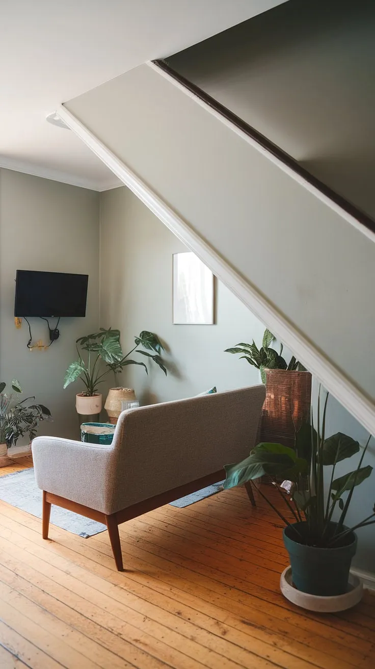 Cozy and functional, this living room under stairs showcases the best of Japandi design.  Explore small tv room ideas layout for narrow tv room ideas, achieving a sophisticated media lounge room design.  This snug tv room offers inspiring small tv room design ideas, perfect for those seeking tv lounge ideas for small spaces in a narrow media room.