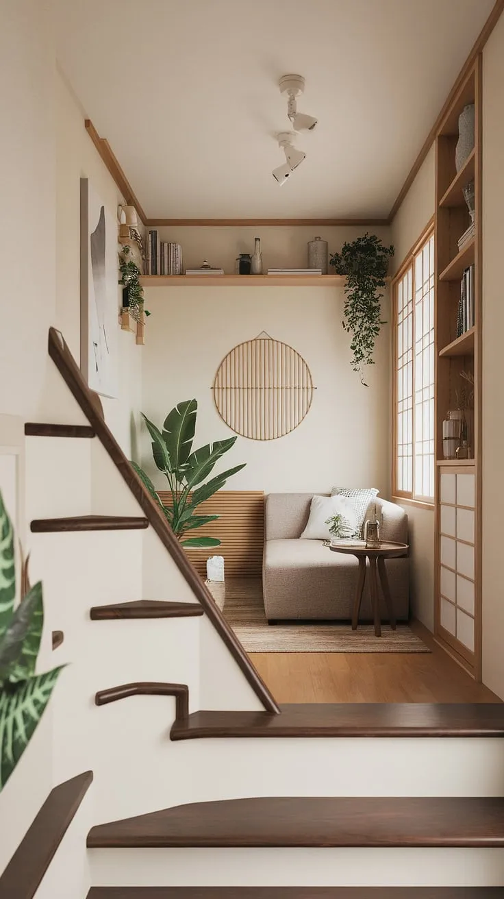 Maximize your space with this cozy Japandi-inspired living room under the stairs.  Clever design transforms this narrow media room into a functional and stylish tv lounge, perfect for movie nights.  These small tv room ideas layout prove that even snug tv room ideas can be both beautiful and practical.  Explore these small tv room design ideas and narrow tv room ideas for your own media lounge room ideas in small spaces.