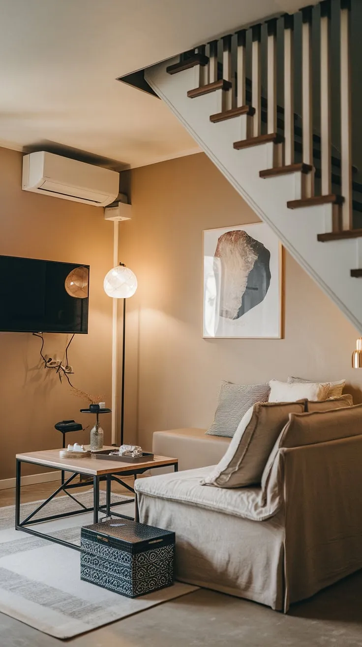 Maximize your space with this inspiring small tv room ideas layout. This living room under stairs is a testament to clever small tv room design ideas, blending japandi elements for a serene and functional snug tv room ideas.  The narrow media room design is a perfect example of how to create a stylish media lounge room ideas and narrow tv room ideas, even in the most challenging spaces.  Discover the art of small tv room layout in this cozy and inviting japandi movie room.