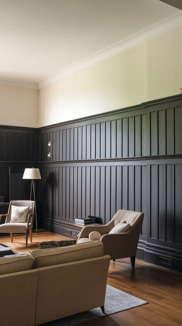 Elegant and refined, this living room boasts a striking wall paneling living room design.  The dark paneling, complemented by detailed wainscoting, creates a captivating panel accent wall living room. This stunning use of dark paneling living room and millwork living room elements offers a wealth of paneling ideas living room, transforming the space into a haven of sophisticated style.