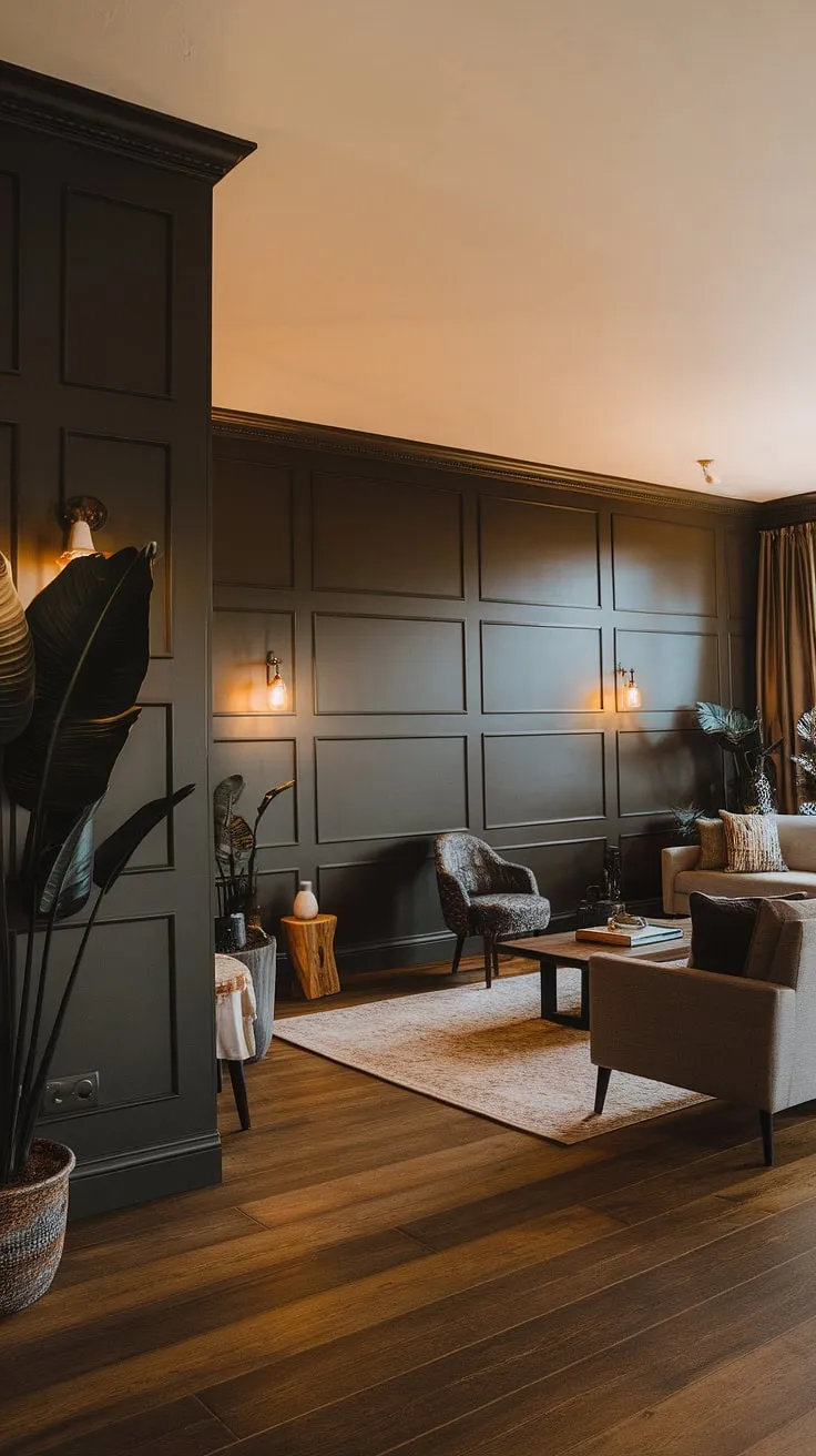 This inviting living room showcases the transformative power of a statement wall. The dark paneling living room, extending from the feature wall paneling living room to an adjacent wall, adds instant elegance.  The rich tones of the wainscoting wall decor and the careful selection of furniture create a cozy and refined space.  Consider this a showcase of paneling ideas living room and a perfect example of how millwork living room elements can elevate your home's design.