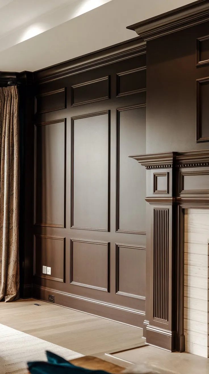 Rich, dark paneling elevates this living room, showcasing a sophisticated take on wainscoting wall decor. The wall paneling living room design, complete with detailed millwork, is a masterclass in feature wall paneling living room style.  This dark paneling living room demonstrates the transformative power of thoughtful paneling ideas living room.