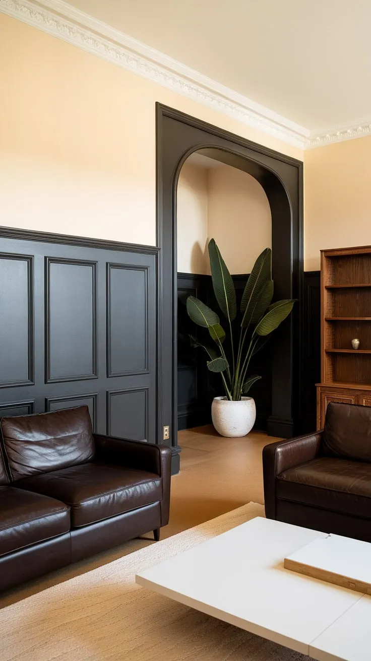 This living room's sophisticated design showcases stunning wall paneling living room ideas. The dark paneling living room, extending to the ceiling as a feature wall paneling living room, creates a dramatic focal point, beautifully complemented by the white wainscoting above.  The wainscoting wall decor adds a touch of elegance, while the millwork living room details and rich textures complete this captivating space.