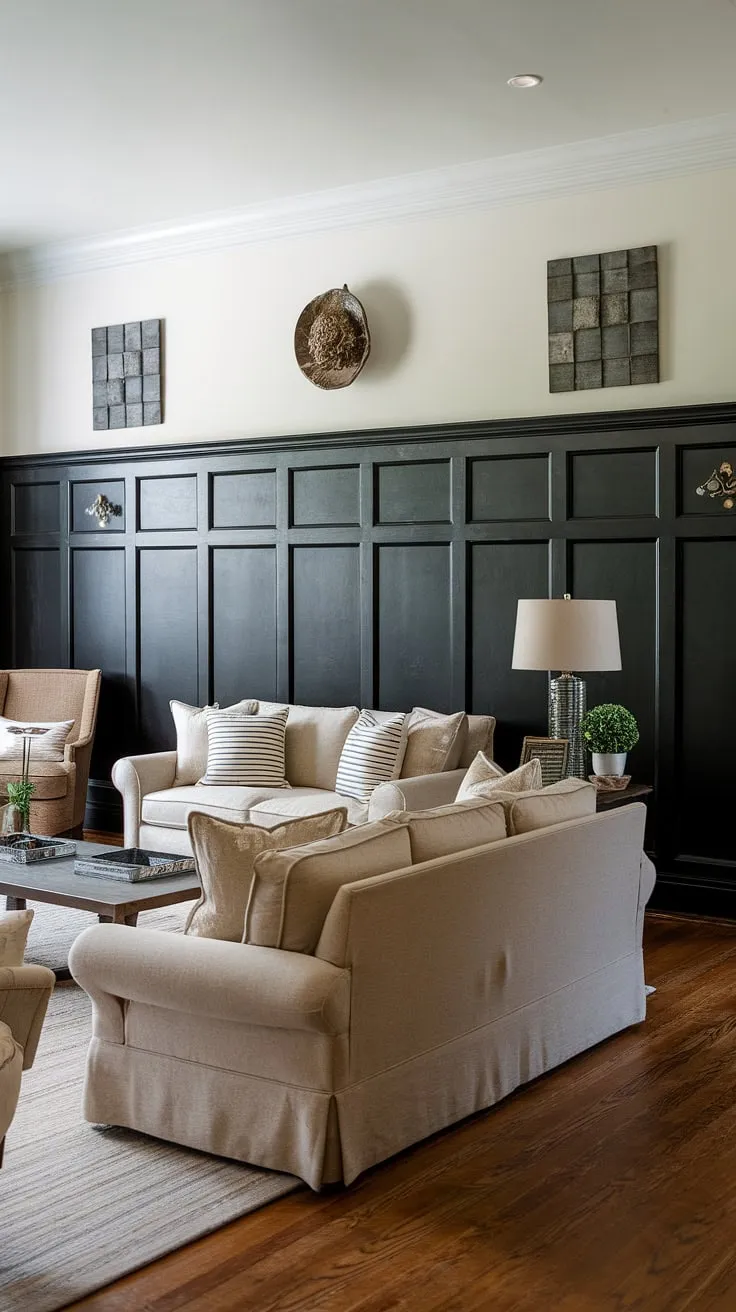 The dramatic dark paneling living room creates a captivating focal point, showcasing a striking example of panel accent wall living room design.  This living room wainscoting installation is a testament to the power of millwork living room elements, adding depth and texture. The contrast with the lighter upper walls perfectly complements the paneling ideas living room, making this a truly unique and inspiring space.