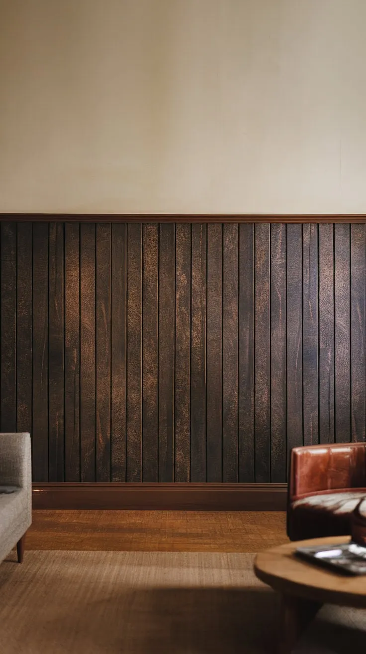 This living room's sophisticated ambiance is achieved with rich, dark paneling extending halfway up the walls, a stunning example of wainscoting wall decor. The combination of dark paneling living room and light beige upper walls creates a striking contrast, showcasing the beauty of feature wall paneling living room and offering inspiration for paneling ideas living room.  The millwork living room adds to the overall refined feel.