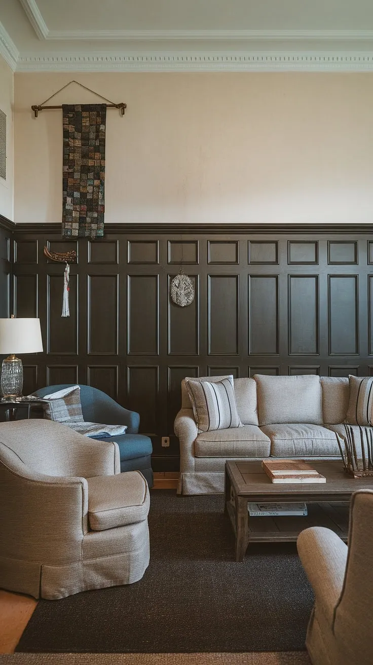 This living room's dramatic transformation showcases the power of dark paneling.  The rich, dark wainscoting extends to the ceiling, creating a stunning feature wall paneling living room, a perfect example of paneling ideas living room. The contrast with the lighter upper walls and the carefully chosen millwork living room details elevates the space, making it both sophisticated and inviting.  The dark paneling living room design is further enhanced by the dark rug and thoughtfully placed furniture.