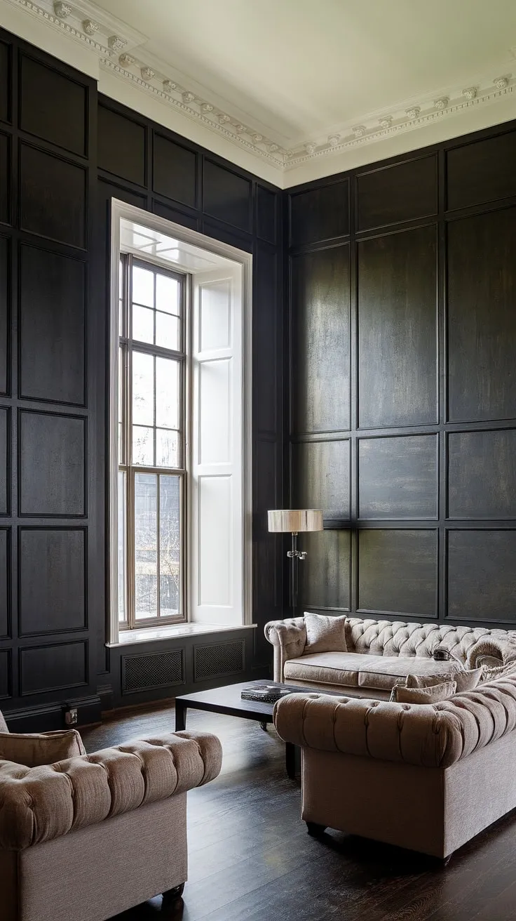 The rich, dark paneling in this living room is a showstopper.  The wall paneling living room design is further enhanced by the addition of wainscoting wall decor near the ceiling, adding a touch of classic elegance.  This panel accent wall living room demonstrates the transformative power of thoughtful millwork, creating a space that is both luxurious and warm.  Explore these paneling ideas living room for your own design inspiration.