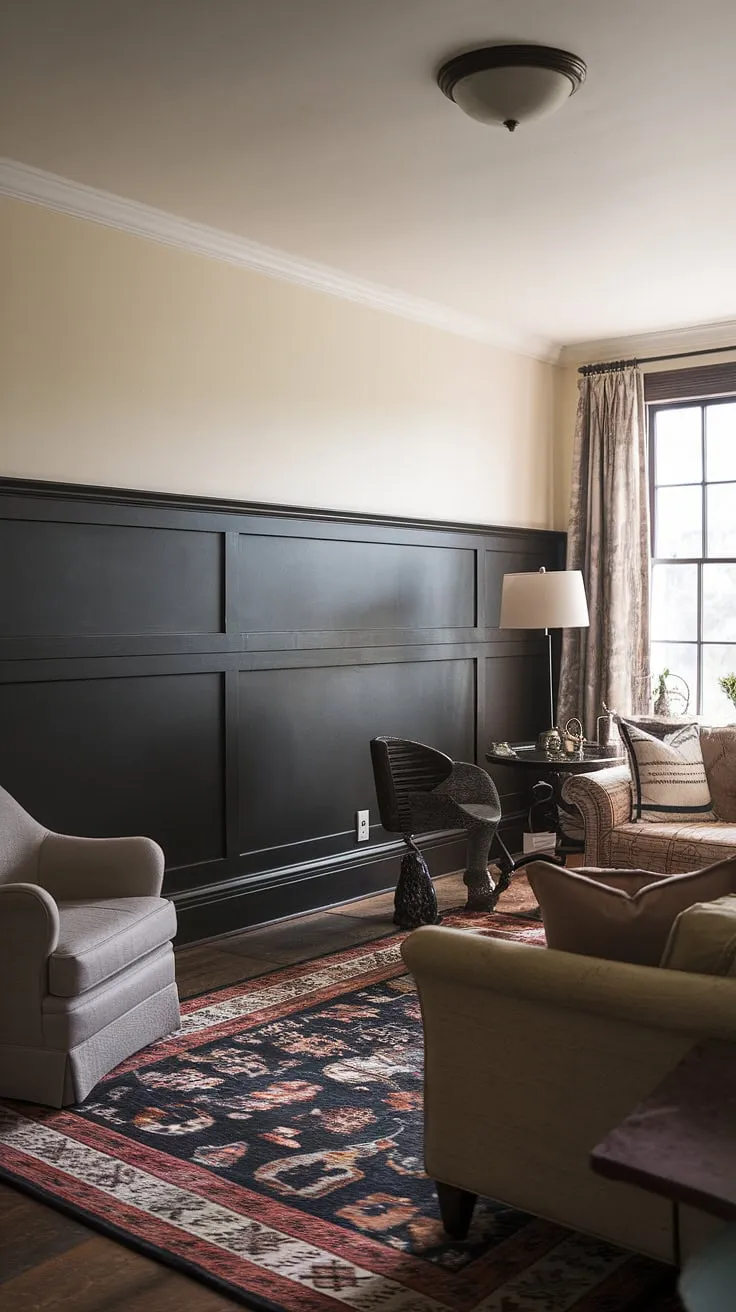 This living room's sophisticated style is elevated by the rich, dark paneling—a stunning example of wainscoting wall decor and a perfect application of paneling ideas living room. The dark paneling living room creates a striking contrast against the lighter upper walls, showcasing the beauty of millwork living room and transforming this feature wall paneling living room into a design masterpiece.  The result is a warm and inviting space, a testament to the impact of wall paneling living room.