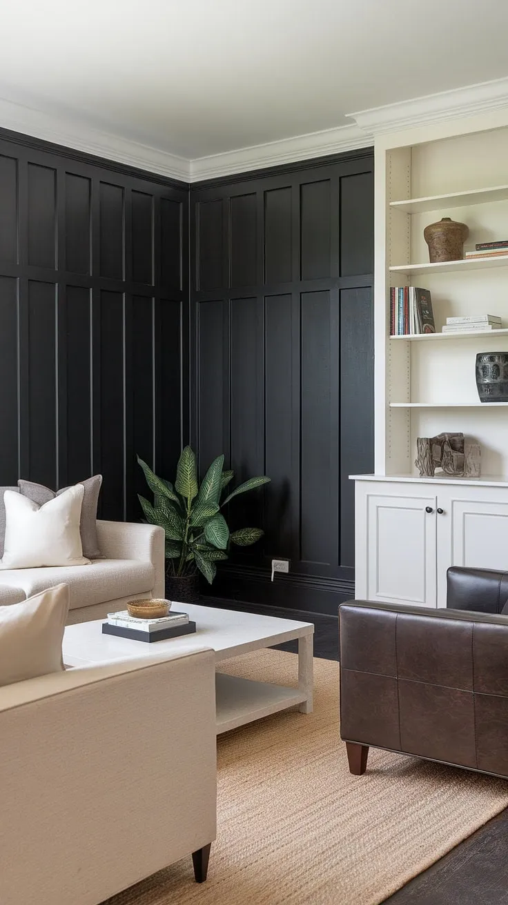 This living room's sophisticated design showcases the beauty of a feature wall paneling living room, with dark paneling living room creating a striking contrast against the lighter wainscoting wall decor above.  The millwork living room details add depth and character, making this paneling ideas living room a true showstopper.  The combination of dark paneling and wainscoting creates a unique and elegant space.