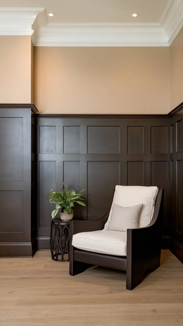 This living room's dramatic transformation showcases the power of a feature wall.  Dark paneling living room creates a sophisticated ambiance, complemented by the soft beige upper walls and light wood floors.  The rich dark paneling living room, a stunning example of paneling ideas living room, elevates the space with its striking millwork living room details.  This wainscoting wall decor is the perfect blend of modern and traditional, showcasing the artistry of wall paneling living room and wainscoting living room design.