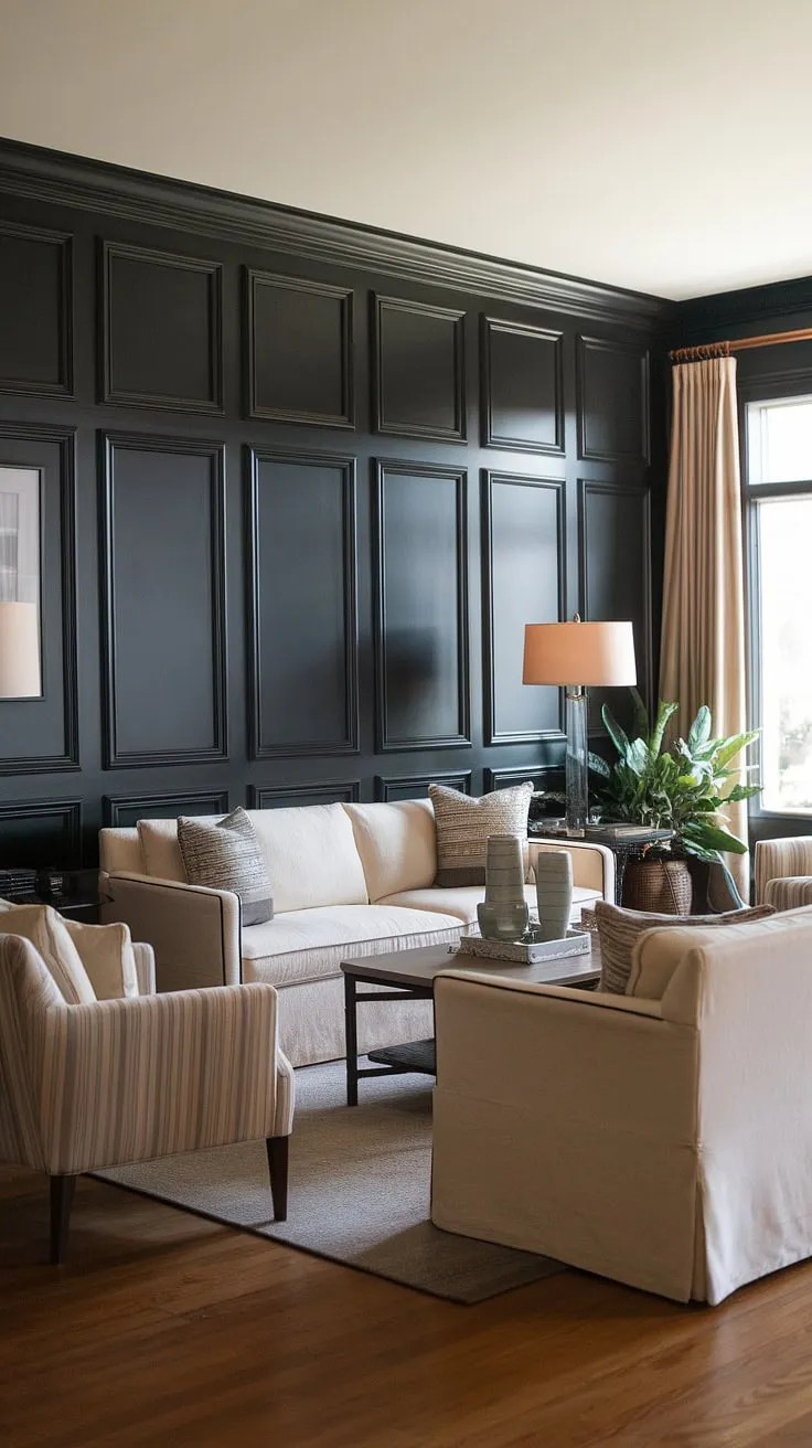 This living room's dramatic dark paneling, extending from floor to ceiling as a stunning feature wall, showcases the artistry of wainscoting wall decor.  The rich millwork living room design, a perfect example of paneling ideas living room, creates a sophisticated ambiance, complemented by the warm beige sofa and hardwood floors. This is a masterclass in panel accent wall living room and wall paneling living room design.