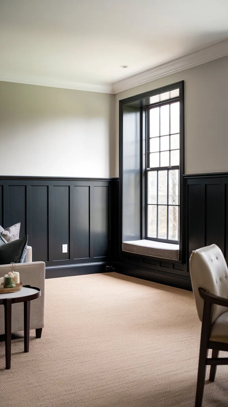 This living room's sophisticated design showcases the perfect blend of dark paneling living room and white wainscoting, creating a stunning feature wall paneling living room. The rich dark paneling extends from the floor, adding depth and character, while the upper gray walls and wainscoting wall decor provide a bright contrast.  The millwork living room details are exquisite, offering inspiration for paneling ideas living room.  The window seat adds a touch of charm, completing this beautiful panel accent wall living room.