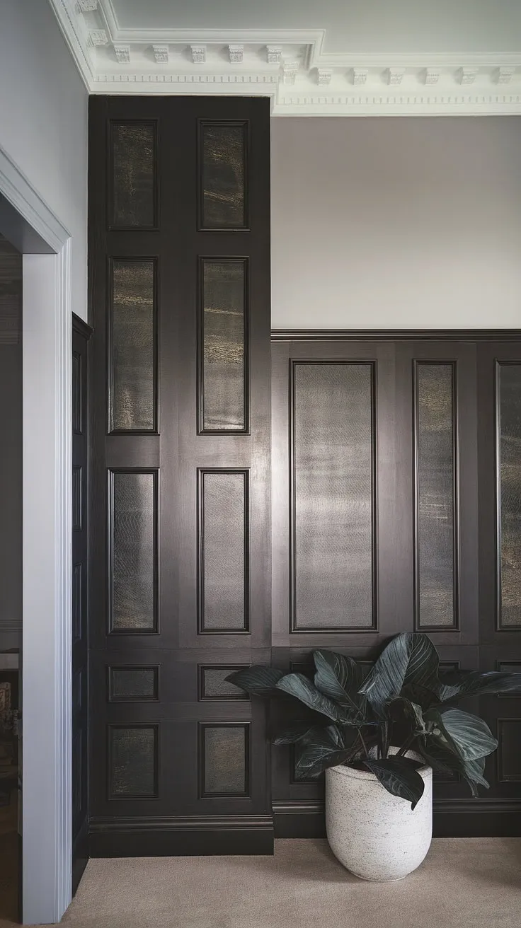 The rich, textured dark paneling in this living room creates a captivating focal point.  The panel accent wall, reaching from floor to ceiling above the elegant wainscoting, offers a unique take on wainscoting wall decor. This striking feature wall paneling living room design demonstrates the transformative power of millwork, resulting in a modern and sophisticated space.  Explore these paneling ideas living room for your own design inspiration.