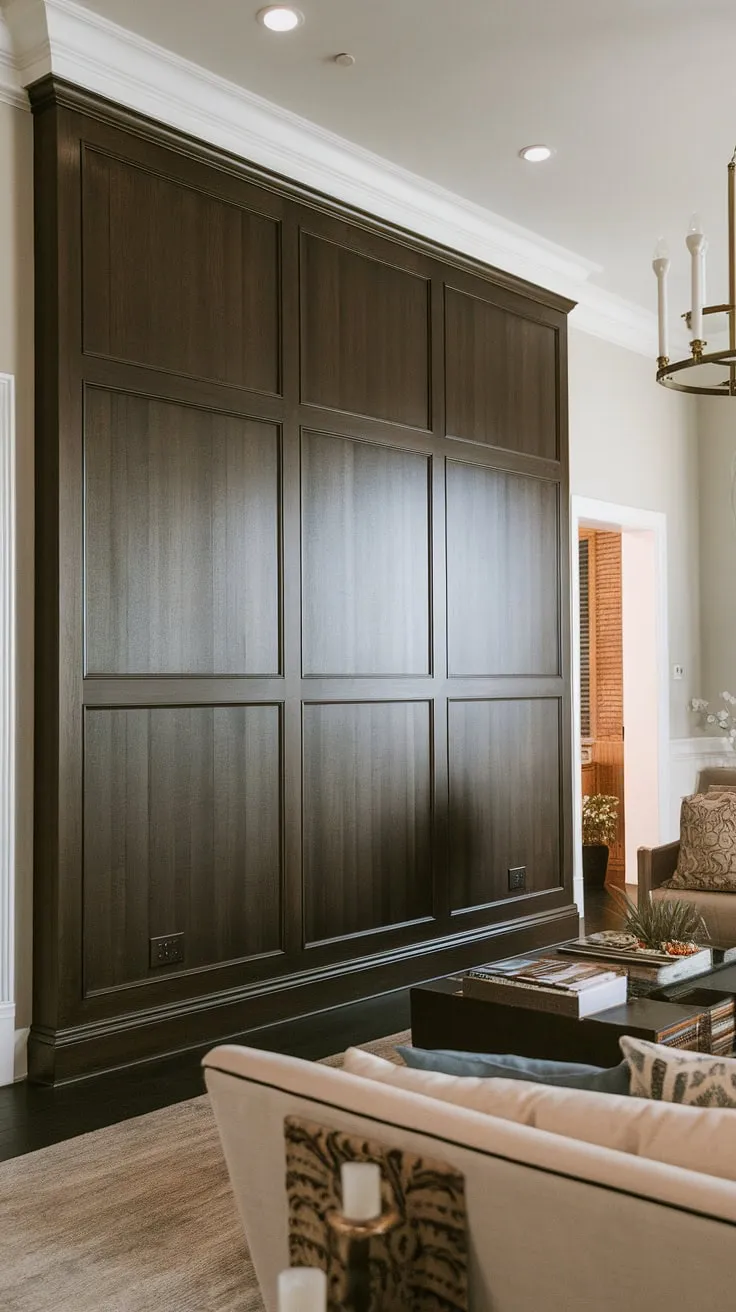 This living room wainscoting, a stunning example of wall paneling living room design, elevates the space with its rich dark paneling living room feature.  The panel accent wall living room creates a dramatic focal point, showcasing exquisite millwork living room details.  These paneling ideas living room offer a sophisticated and timeless aesthetic.