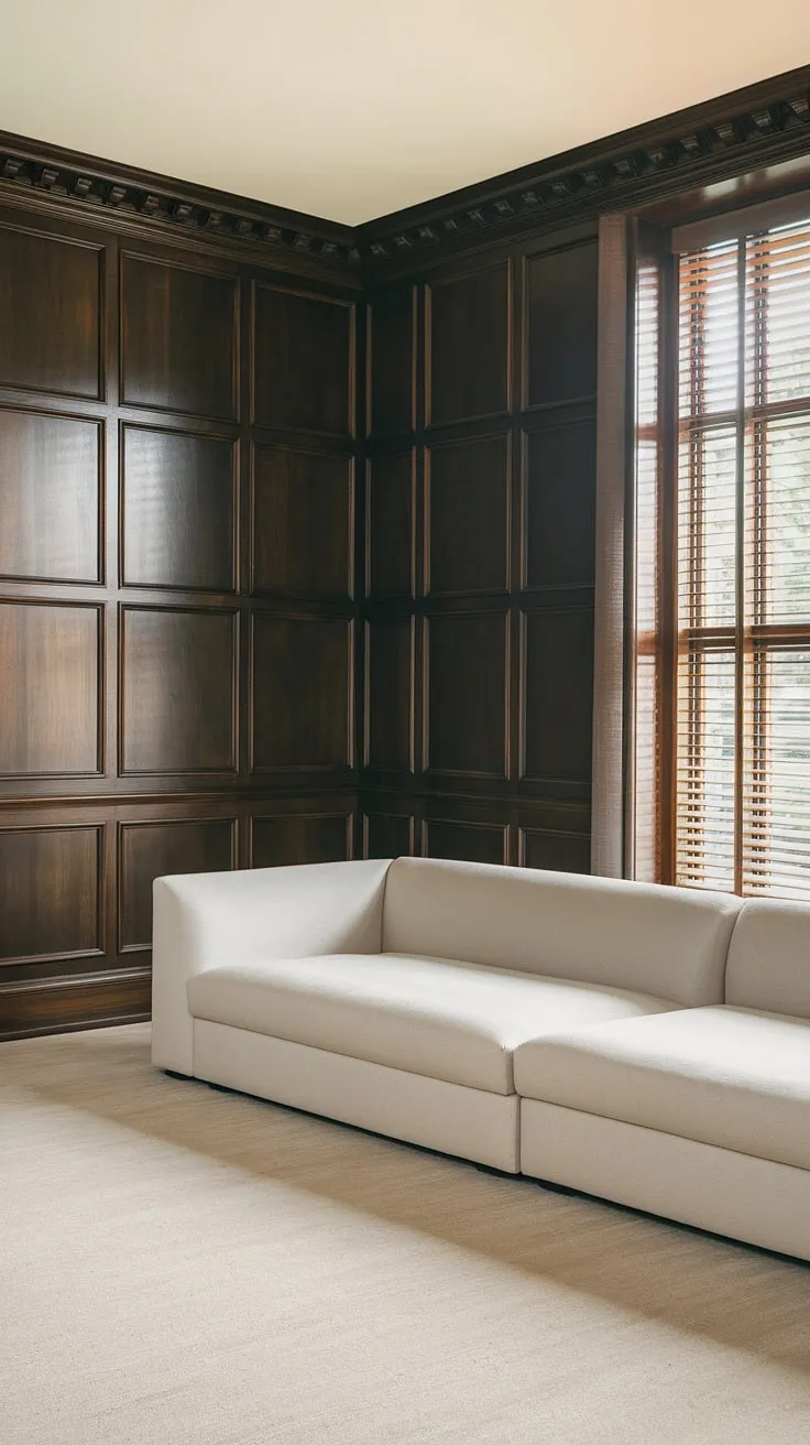 This living room's rich dark paneling, extending from floor to window, creates a dramatic focal point.  The contrast with the light beige flooring and white sofa elevates the space, showcasing stunning paneling ideas for a living room, a perfect example of feature wall paneling and wainscoting wall decor.  The millwork living room details add warmth and sophistication, transforming this wall paneling living room into a haven of style.