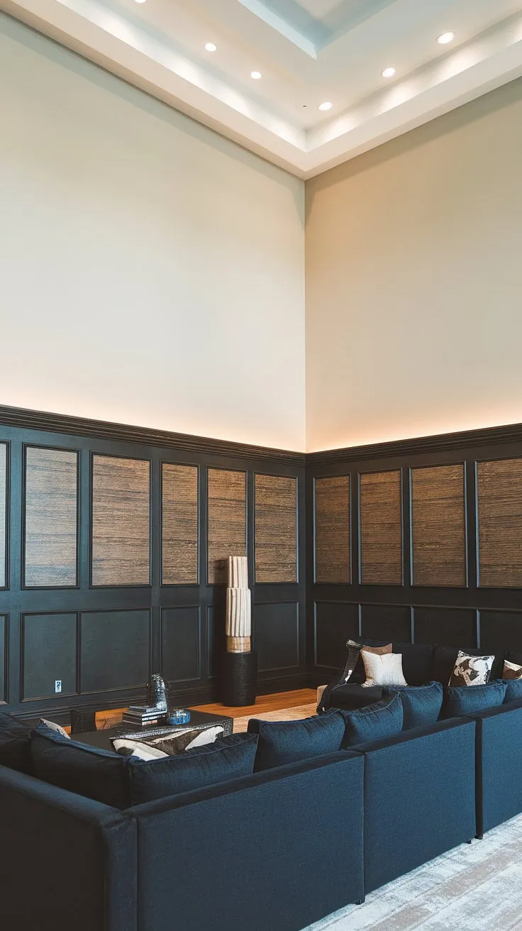 This living room's sophisticated style is anchored by rich, dark paneling—a stunning example of wainscoting wall decor and a perfect application of paneling ideas for living rooms. The textured wood-like feature wall paneling adds depth and warmth, while the lighter upper walls create a sense of airy spaciousness.  The millwork living room detail elevates the entire space, showcasing the impact of a dark paneling living room design.