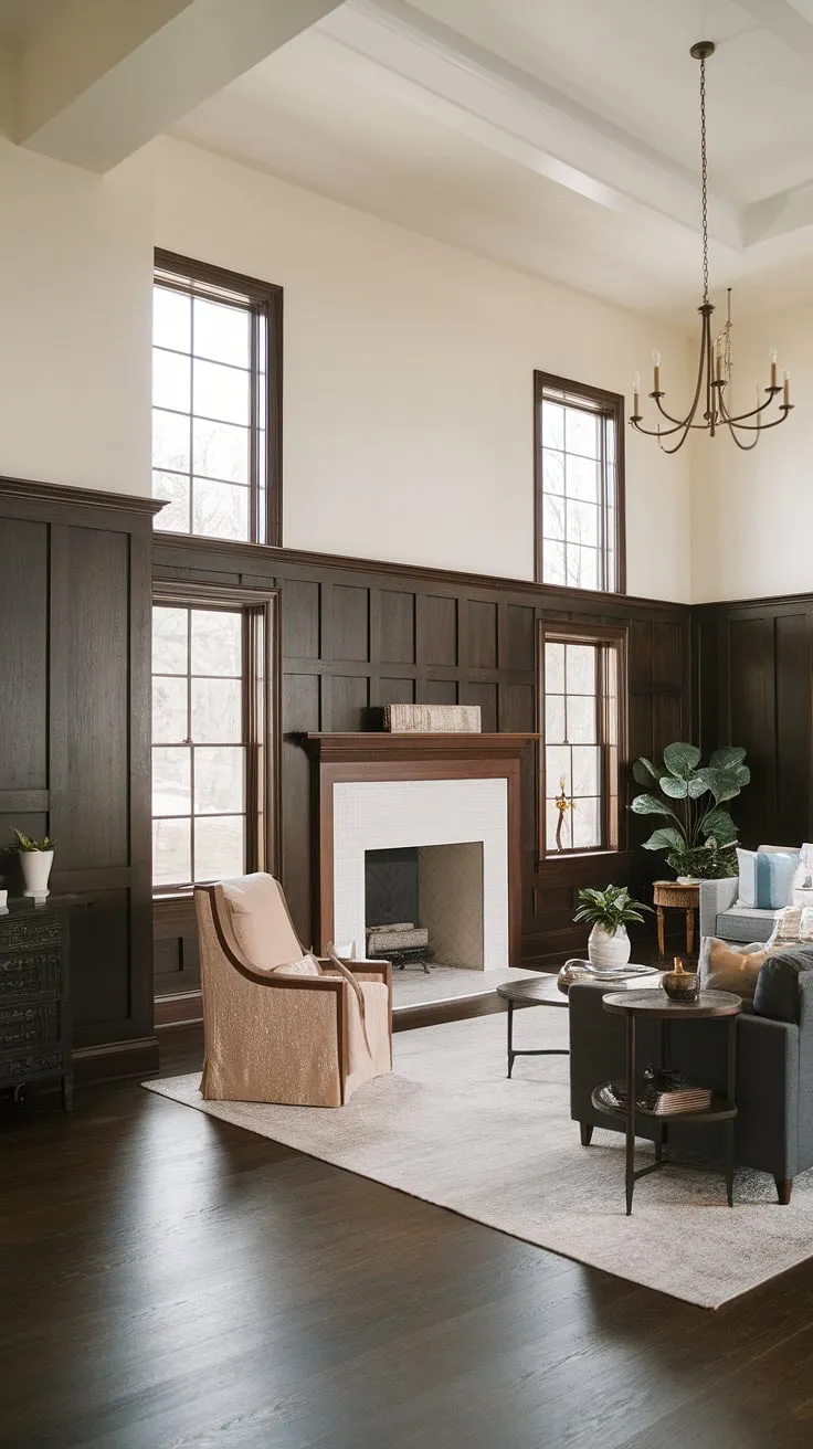 This living room's sophisticated charm is defined by the rich dark paneling, a stunning example of wall paneling living room design. The wainscoting wall decor adds depth and texture, while the white upper walls create a bright contrast.  This feature wall paneling living room showcases exquisite millwork, offering inspiration for paneling ideas living room and panel accent wall living room designs.  The dark paneling living room is a testament to the power of thoughtful design.