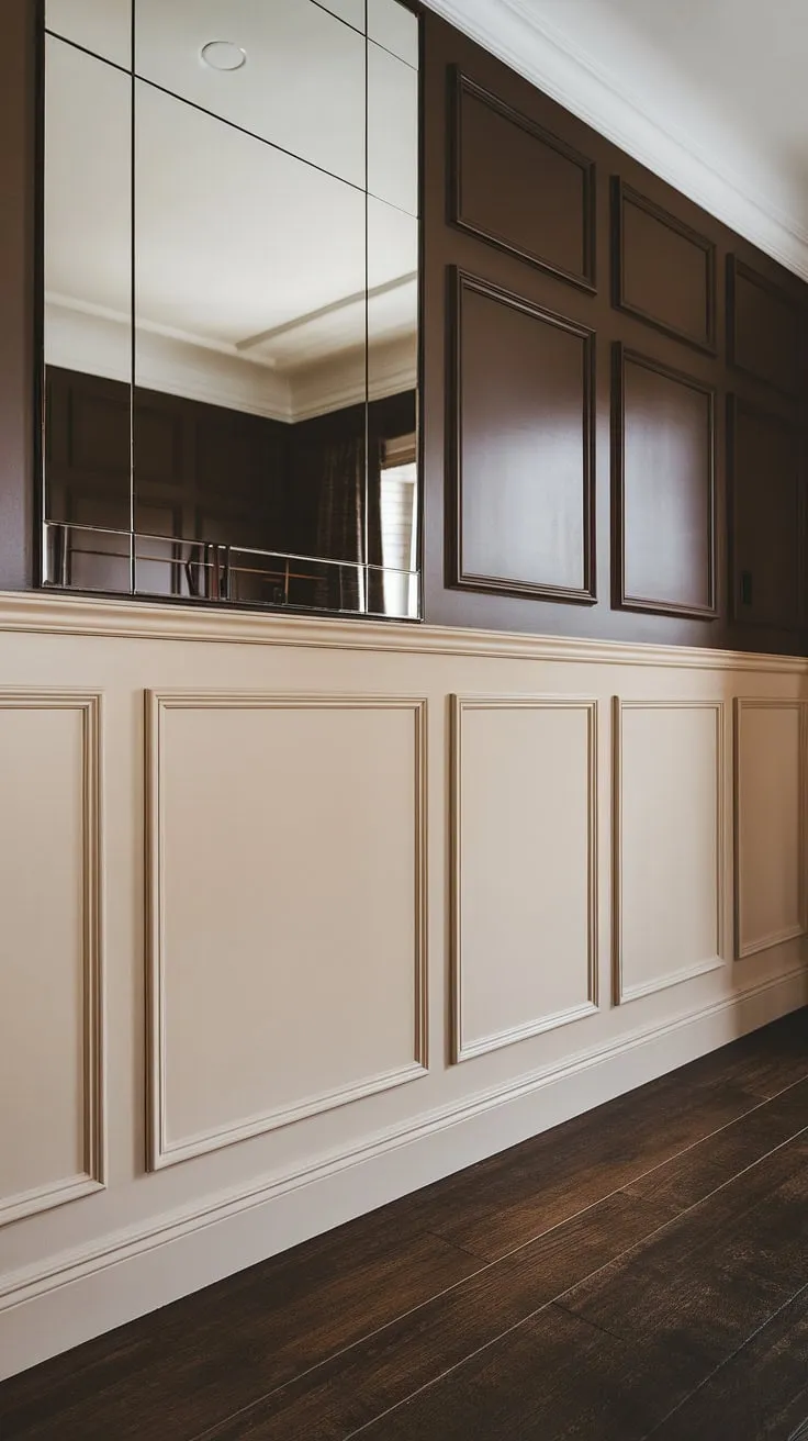 This living room's sophisticated design showcases the beauty of contrasting textures.  The creamy beige wainscoting, complemented by a large mirror, creates a sense of elegance, while the rich dark paneling above adds depth and drama to the wall paneling living room.  The dark paneling living room design, combined with the dark wood floors, offers a stunning example of paneling ideas living room and a striking feature wall paneling living room. This millwork living room is a masterclass in wainscoting wall decor.